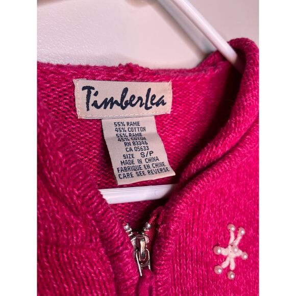 2000s Timberlea Pink Green Christmas Patchwork Snowflake Full Zip Sweater S - Picture 2 of 6